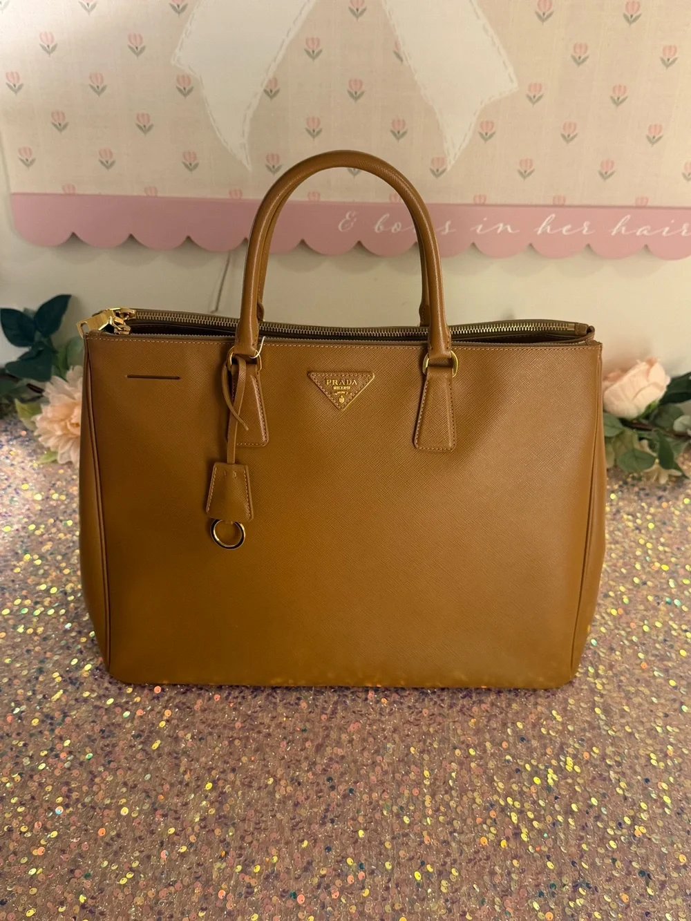 Authentic Prada Saffiano Lux XL Double Zip Executive Tote in Caramel - EUC